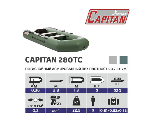 Лодка Капитан 280Тс зеленый Тонар