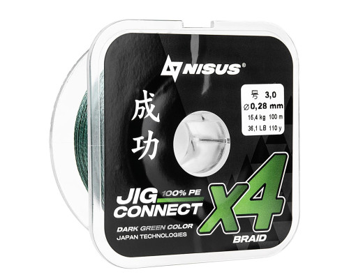 Шнур JIG CONNECT X4 PE Dark Green 150m #3.0, 0.28mm 15.4кг/36.1LB (T-N-JC-X4-0.28-150-DG) NISUS Шнур JIG CONNECT X4 PE Dark Green 150m #3.0, 0.28mm 15.4кг/36.1LB (T-N-JC-X4-0.28-150-DG) NISUS